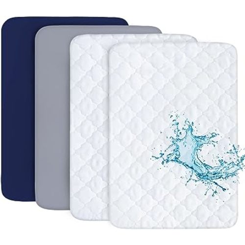 Pack and Play Sheets and Waterproof Pack n Play Mattress Protector Pad Cover 4 Pack Set, Ultra Soft Pack n Play Mattresses Sheets Compatible with Graco Pack n Play, Grey&Navy
