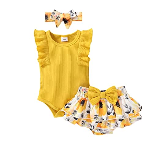 Tiny Cutey Baby Girl Clothes Infant Summer Outfits Set Ruffle Sleeve Romper and Floral Shorts with Headband