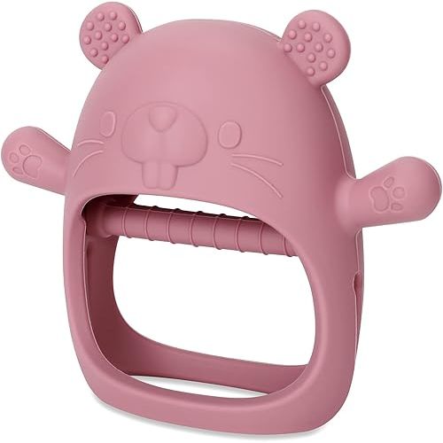 Socub Baby Teether Toy for Infants 12+ Months, Silicone Never Drop Silicone Mitten Teething Toy for Soothing Sore Gums, Baby Chew Toys for Sucking Needs, BPA Free, Dark Pink