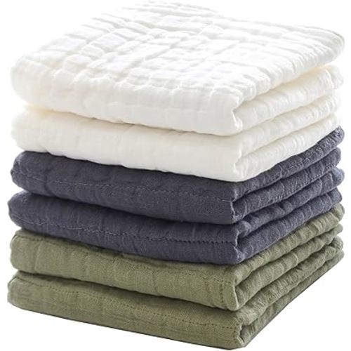 MUKIN Baby Washcloths, Muslin Cotton Face Cloths, Newborn Soft Absorbent Bath Wipes, Burp Cloths or Towels, Pack of 6, 12x12 inches (White,Dark Gray,Tea Green)