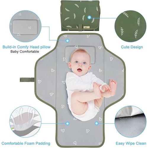 Baby Portable Changing Pad Travel - Waterproof Compact Diaper Changing Mat with Built-in Pillow - Lightweight & Foldable Changing Station, Newborn Shower Gifts