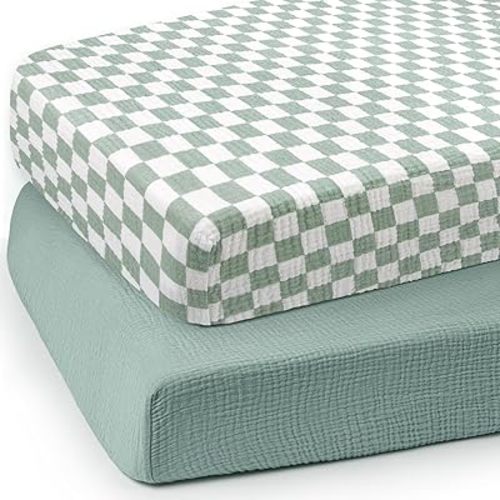 lulumoon Baby Muslin Crib Sheets: Soft & Breathable Fitted Crib Sheets for Boys - Green Square Sheets for Standard Crib 2Pack