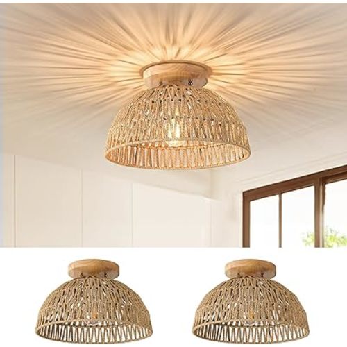 13 Inch Rattan Flush Mount Ceiling Lights Farmhouse Boho Ceiling Light Fixtures Rustic Wicker Hand Woven Rope Cage for Dining Room Kitchen Bedroom Foyer Hallway Entryway 2 Packs