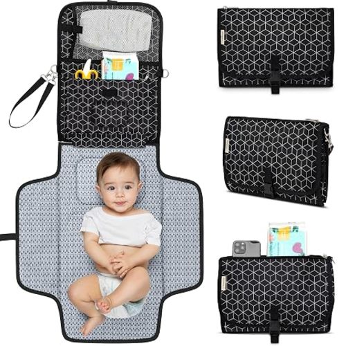 KeaBabies Portable Diaper Changing Pad, Travel, Car - Large Waterproof Baby Changing Mat, Wipeable, Padded, On The Go Travel Diaper Clutch Bag, Easy to Use Pockets for Newborn Essentials (Black Geo)
