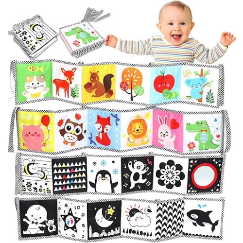OKOOKO Black and White High Contrast Soft Baby Books 2PCS Washable Tummy Time Toy Crib Stroller Toy Montessori Sensory Toy Early Education for Newborn Baby Infant 0-6 6-12 Months