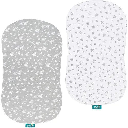 Bassinet Sheets Compatible with Halo Bassinest Swivel, Flex, Glide, Premiere & Luxe Series Sleeper, 2 Pack, 100% Jersey Knit Cotton Sheets, Breathable and Heavenly Soft, Grey and White Print for Baby