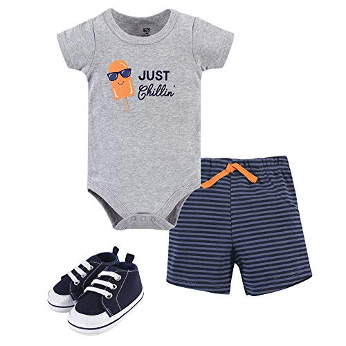 Hudson Baby Unisex Baby Cotton Bodysuit, Shorts and Shoe Set