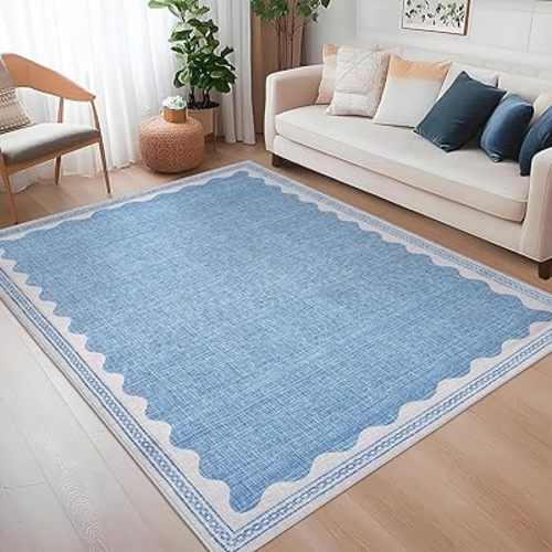 Scalloped Washable Rug 5x7 Area Rugs for Living Room, Solid Blue Rug for Bedroom Girls, Non Slip Scalloped Rugs Throw Mat with Rubber Back, Soft Dorm Nursery Low Pile Carpet for Dining Room