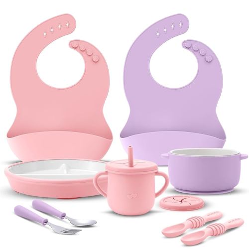 9 Pcs Porcelain Baby Feeding Set Porcelain Kids Plates and Bowls with Suction Set, Ceramic Toddler Forks Spoons Cup Bib Microwave Dishwasher Safe(Pastels)