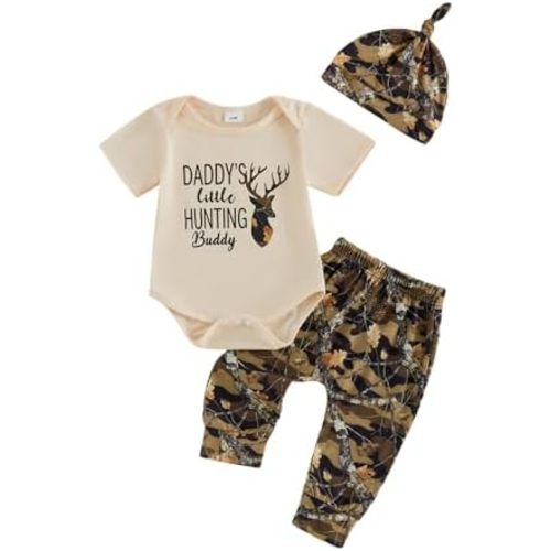 Newborn Baby Boy Summer Clothes Daddy’s Hunting Buddy Deer Printed Short Sleeve Romper Pants Hat 3PCS Set