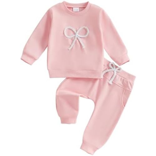 Toddler Baby Girl Clothes Bow Emboridery Crewneck Long Sleeve Sweatshirt and Pants Set 2Pcs Fall Winter Outfit