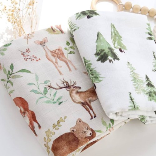 LifeTree Muslin Swaddle Blankets, Woodland Baby Swaddling Wrap Nursery Receiving Blanket for Boys & Girls Unisex, Soft 70% Viscose from Bamboo and 30% Cotton, Large 47 x 47 inches