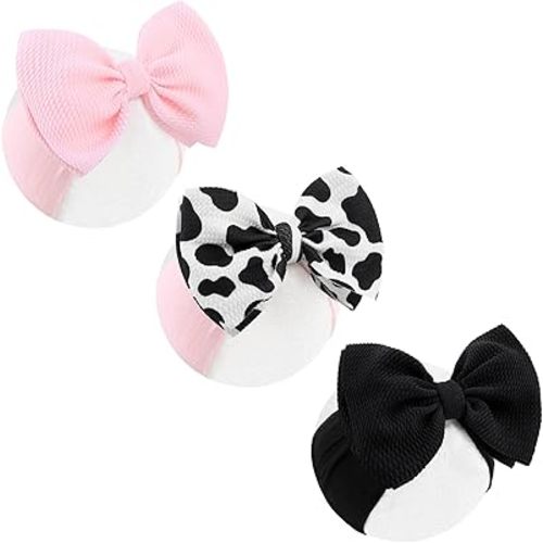 Moo Cow Print 6’’ Hair Bows for Girls Cowgirl Accessories Newborn Infant Toddler Baby Girl Headbands Black & Pink Bow Baby Wrap
