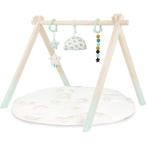 B. toys- B. baby- Wooden Baby Play Gym – Activity Mat – Starry Sky – 3 Hanging Sensory Toys – Natural Wood – Babies, Infants