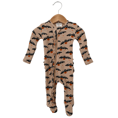 Organic Waffle Ruffle Zip Footie, Tan Trick or Treating Bat