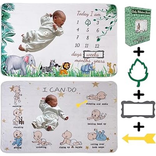 vmaisi Baby Milestone Blanket Gifts - Newborn Boy & Girl Monthly Year Infant Growth Blankets Nursery Swaddling Blankets (Green Animals - Baby, Double Printed)