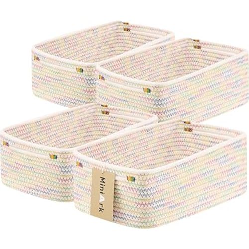 Small Storage Baskets for Organizing | Closet Organizer Bins | Shelf Toy Basket | Woven Rope Baskets | Cube Decorative Box | Shallow Basket | 13x8.5x5.1” | 4 Packs Rainbow