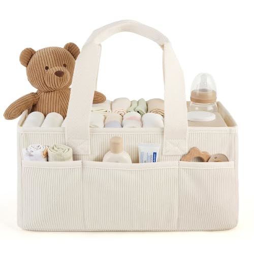 Corduroy Baby Diaper Caddy Organizer with Lid, Gift Basket for Baby Shower | Newborn Registry Essentials, Diaper Caddy Organizers Bags with Portable Changing Mat, Removable Dividers, Long Sturdy Handles