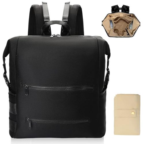Omanmoli Diaper Bag Backpack,Large Neoprene Baby Bag for Boys Girls with 15 Diaper Bag Organizer,2 Insulated Pockets,Changing Pad,Stroller Straps,Black