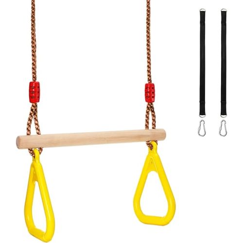 Trapeze Bar, 16" Adjustable Height Wooden Swing Set for Kids, Trapeze Monkey Bar Assembly with Rings, Gym Hanging Accessories Playground Attachments