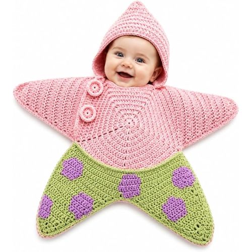 Hand-Crocheted Starfish Onesie, Baby Swaddle Sleep Sack, Cozy Hooded Star Dress for Photos