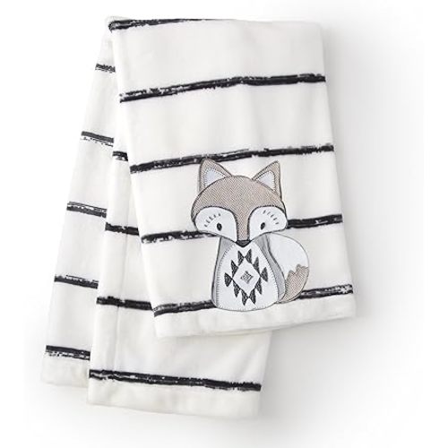 Levtex Baby - Bailey Plush Blanket - Appliqued and Embroidered Fox on Striped Plush - Charcoal, Taupe, White - Nursery Accessories - Blanket Size: 30 x 40 in.