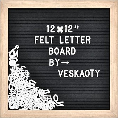 Felt Letter Board with 460 Letters, Numbers & Symbols - 12 x 12 inch Changeable Message Board with Wooden Frame Wall Mount Hook (Black)
