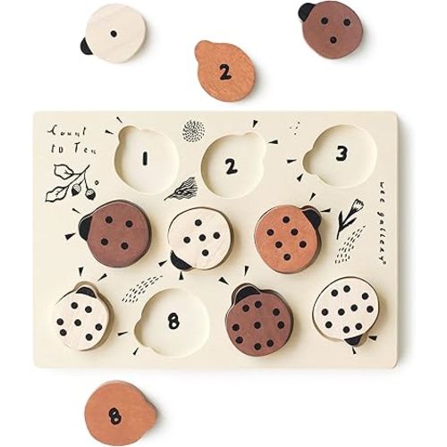 Wee Gallery Wooden Tray Puzzle Count to Ten Ladybugs, Montessori Toy for Toddlers and Preschoolers for Early Learning and Fine Motor Skill Development, Sustainable Educational Puzzle for Kids