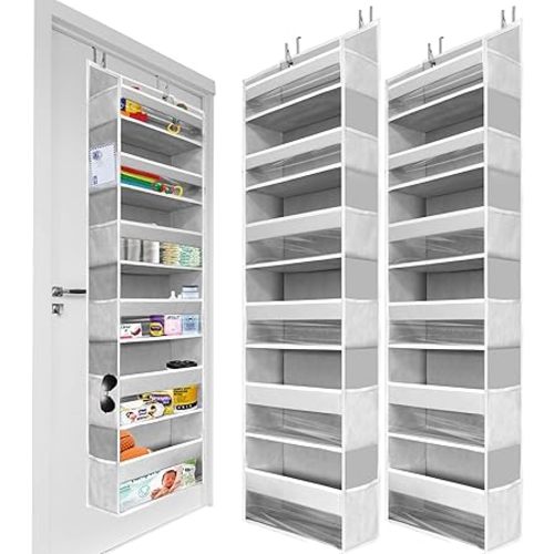 HOMELUX THEORY 2 PC Heavy Duty Over the Door Organizer 55x14x6.7, 6 Large Front & 12 Side Pockets, Hanging Storage Closet Door Organizer for Bedroom, Bathroom and Baby Nursery Storage (Light Gray)