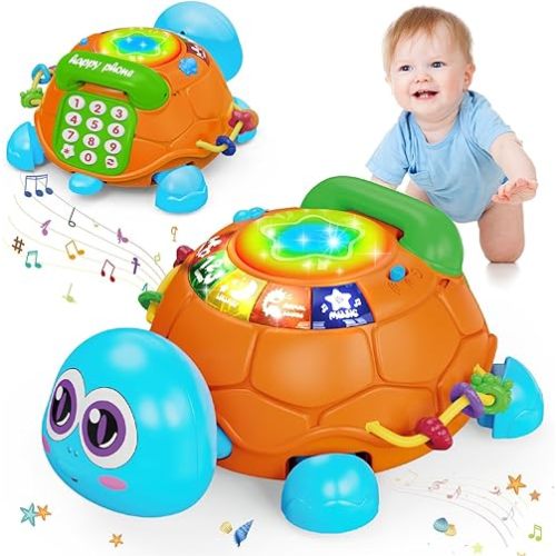 Infant Baby Toys 6 to 12 Months, Musical Turtle Crawling Baby Toys for 12-18 Months, Phone Hand Drum Toy, Baby Toys 7 8 9 10 11 Months 1-2 Year Old Toys Infant Baby Boy Gift (Blue)