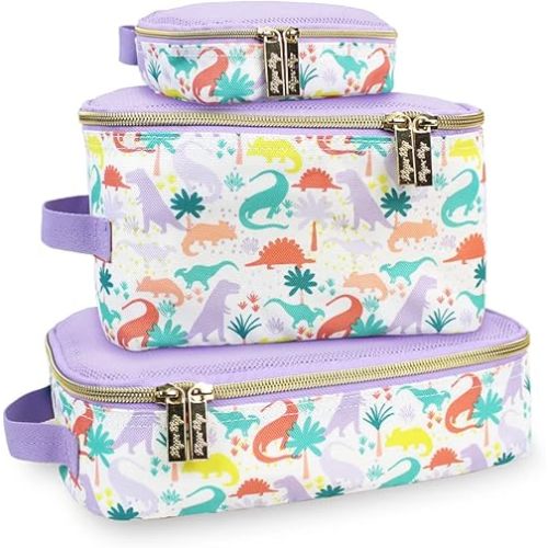 Itzy Ritzy Packing Cubes for Travel – Set of 3 Packing Cubes or Travel Organizers; Each Travel Cube Features a Mesh Top, Double Zippers and a Fabric Handle (Purple Dinosaurs)