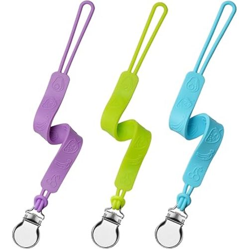Silicone Pacifier Clip, Seposeve Pack of 3 Baby Pacifier Teether Clip with 4 Texture, Soft Flexible Silicone Pacifier Leashes & Cases for Boy and Girl, Keeps Pacifier Clean, Light Purple Green Blue