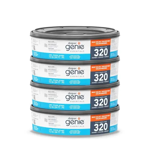 Diaper Genie Essentials Round Refill 4-Pack | Holds Up to 1280 Newborn Diapers | Features Unscented Continuous Film | Compatible with Diaper Genie Complete and Expressions Pails