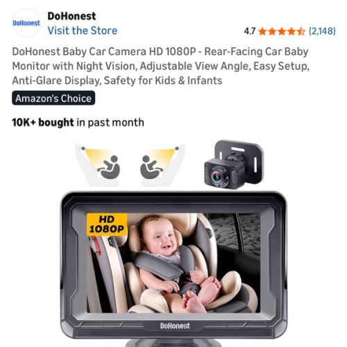 DoHonest Baby Car Camera HD 1080P - Rear-Facing Car Baby Monitor with Night Vision, Adjustable View Angle, Easy Setup, Anti-Glare Display, Safety for Kids & Infants