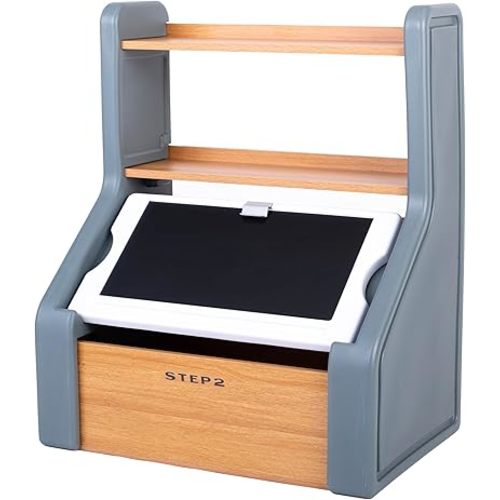 Step2 Harmony Toy Storage Box, Wood and Plastic, Shelves for Books, Toy Storage Bin with Chalkboard Lid and Clip, Easel and Toy Organizer in One