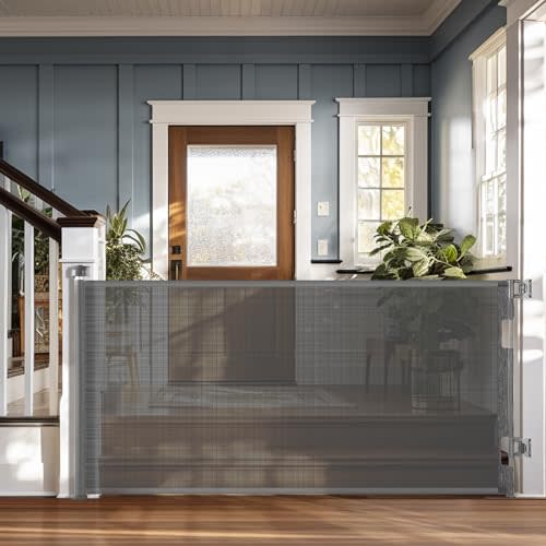 Cumbor Retractable Baby Gates - Wide Dog & Child Fence for The House, 33" Tall, Extends to 76", Extra Long Mesh Pet Safety Gate for Stairs, Doorways & Hallways, Porch, Indoor/Outdoor (Gray)