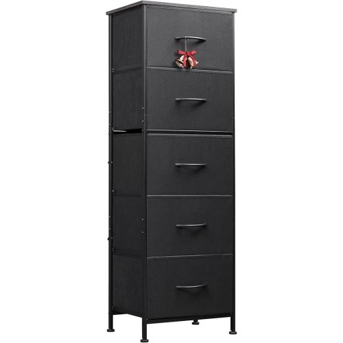 WLIVE Fabric Dresser, 5-Drawer Tall Dresser for Bedroom, Storage Dresser Organizer with Fabric Bins, Wood Top, Sturdy Steel Frame, Chest of Drawers for Closet, Hallway, Charcoal Black