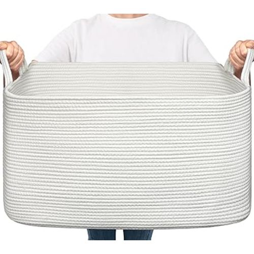 Goodpick White Storage Baskets for Organizing, Toy Baskets for Kids, Decorative Storage Baskets, Large Blanket Basket Living Room, Woven Baskets for Storage, Rope Laundry Basket, 21.6" x 14.9" x 11.8"