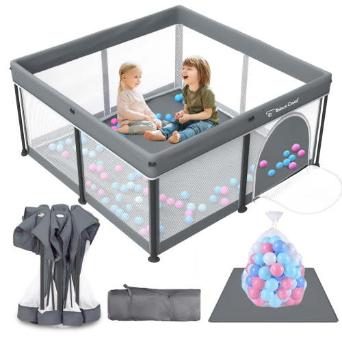 Foldable Baby Playpen with Mat, Collapsible Play Pen for Babies and Toddlers, Indoor & Outdoor Kids Safety Play Pen, Portable Play Yard with 50 Ocean Balls, 50"×50", Gray