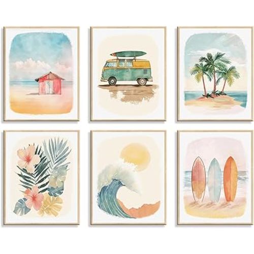 6Pcs Coastal Summer Beach Surf Wall Art Colorful Ocean Theme Print Painting Nursery Kids Wall Decor Pictures Palm Trees Nautical Surfing Canvas Poster Prints for Boys Girl Room Decor 8X10in Unframed