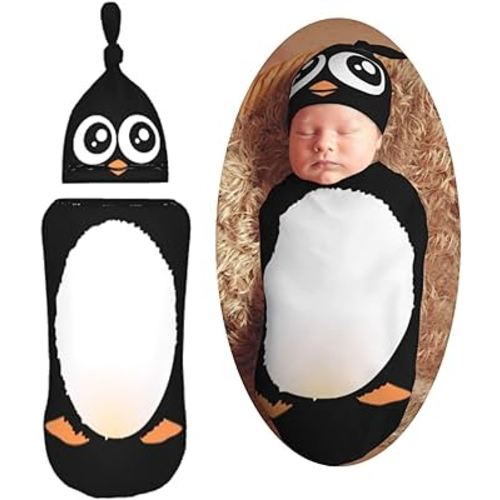 Cute Penguin Newborn Swaddle Blankets Hat Sets Soft Baby Receiving Blanket Swaddle Sack for Baby Shower Infant Boy Girl Gift