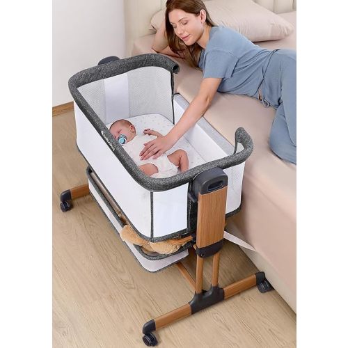 Ezebaby 3-in-1 Baby Bassinet, Rocking Baby Bassinets Bedside Sleeper, Adjustable Portable Crib for Newborn Infant with Wheels Storage Basket and Mesh Sides
