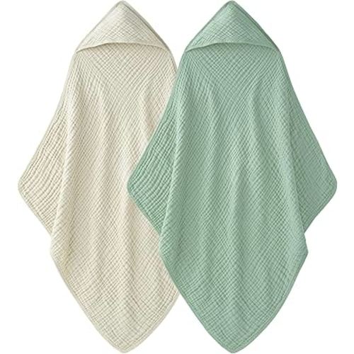 Hooded Baby Towels 100% Muslin Cotton Baby Bath Towels with Hood 2 Pack Baby Towels for Newborn, Infant, Toddler, Kids, Large 32x32Inches, Soft and Absorbent Newborn Essential Apricot Green