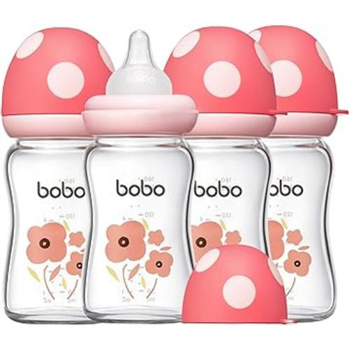YOHKOH Natural Glass Baby Bottle with Natural Response Nipple, Newborn Anti-Colic Baby Bottles, Wide Neck Mushroom Cap Baby Bottle, Clear ((5.4oz (Pack of 4), Red)