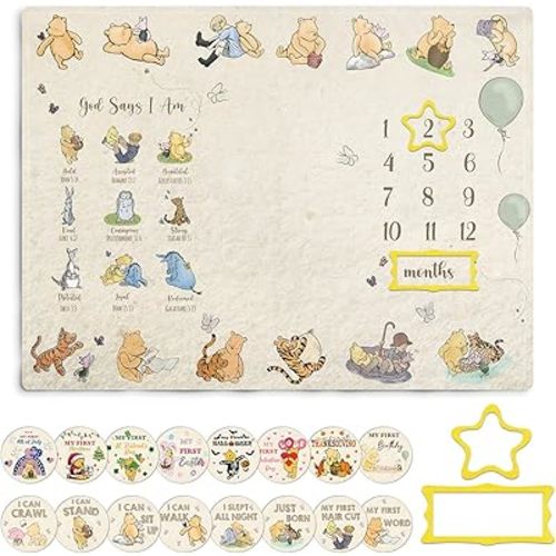 Winnie Baby Milestone Blanket, God Says I am Bold Babies Milestone Blanket, Winnie Newborn Month Blankets for Baby, with Double-Sided Printed Cardstock(16 Unforgettable Moments of Babies)
