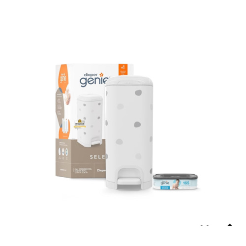 Diaper Genie Select Pail (Polka Dot) is Made of Durable Stainless Steel and Includes 1 Starter Square Refill That can Hold up to 165 Newborn-Sized Diapers.