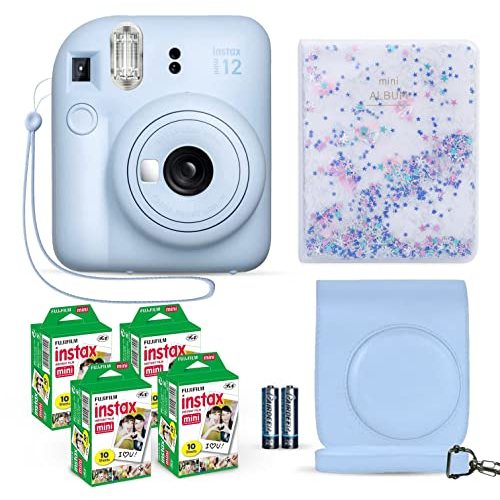 Fujifilm Instax Mini 12 Instant Camera Pastel Blue + Fuji Film Value Pack (40 Sheets) + Shutter Accessories Bundle, Incl. Compatible Carrying Case, Quicksand Beads Photo Album 64 Pockets