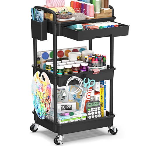 3 Tier Rolling Utility Cart with Removable Drawer, Bathroom Storage Organizer with 2 Lockable Wheels, Mobile Shelving Unit for Kitchen, Office, Snack, Craft, Makeup, Baby Essentials, Black