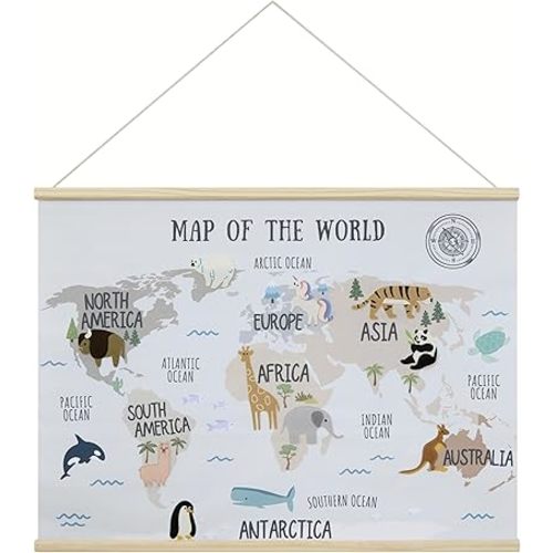 32 x 24 Inch Embroidered World Map Poster for Kids with Wood Hanger – Neutral Wall Décor for Boys and Girls Nursery, Bedroom and Playroom