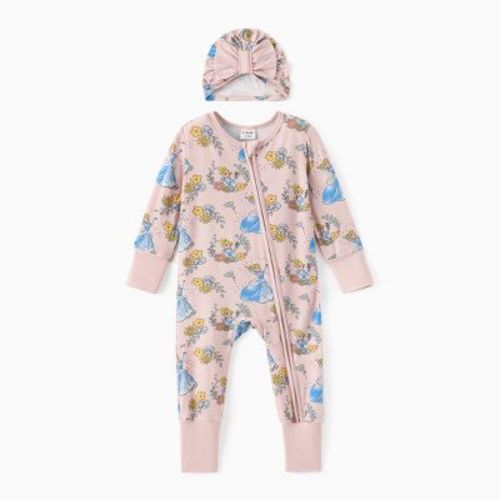 Disney Princess Baby Girl Bamboo Beller/Ariel/Cinderella Enveloping Cuffs Zipper Cute Jumpsuit Romper with Bowknot Hat Set